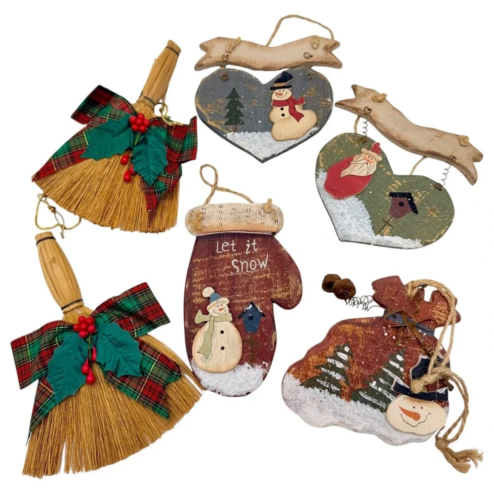 Unbranded Rustic Wood Snowman Santa Christmas‎ Ornament Set 6pc Vintage Style